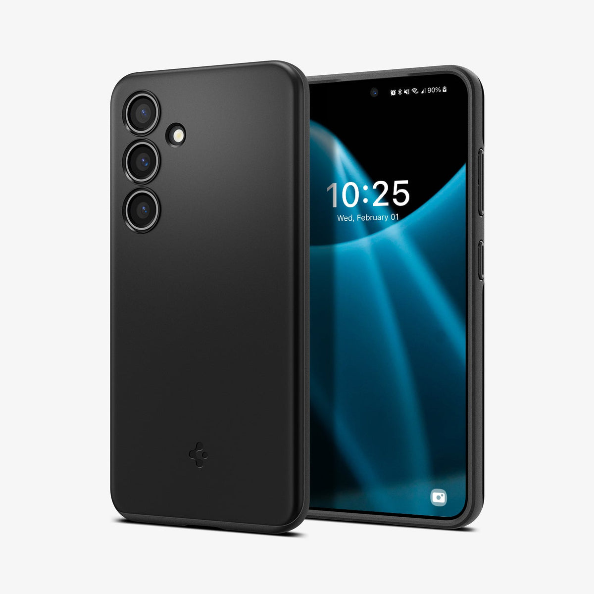 ACS07341 - Galaxy S24 Case Thin Fit in Black showing the back, partial side, next to it, a device showing front and partial side
