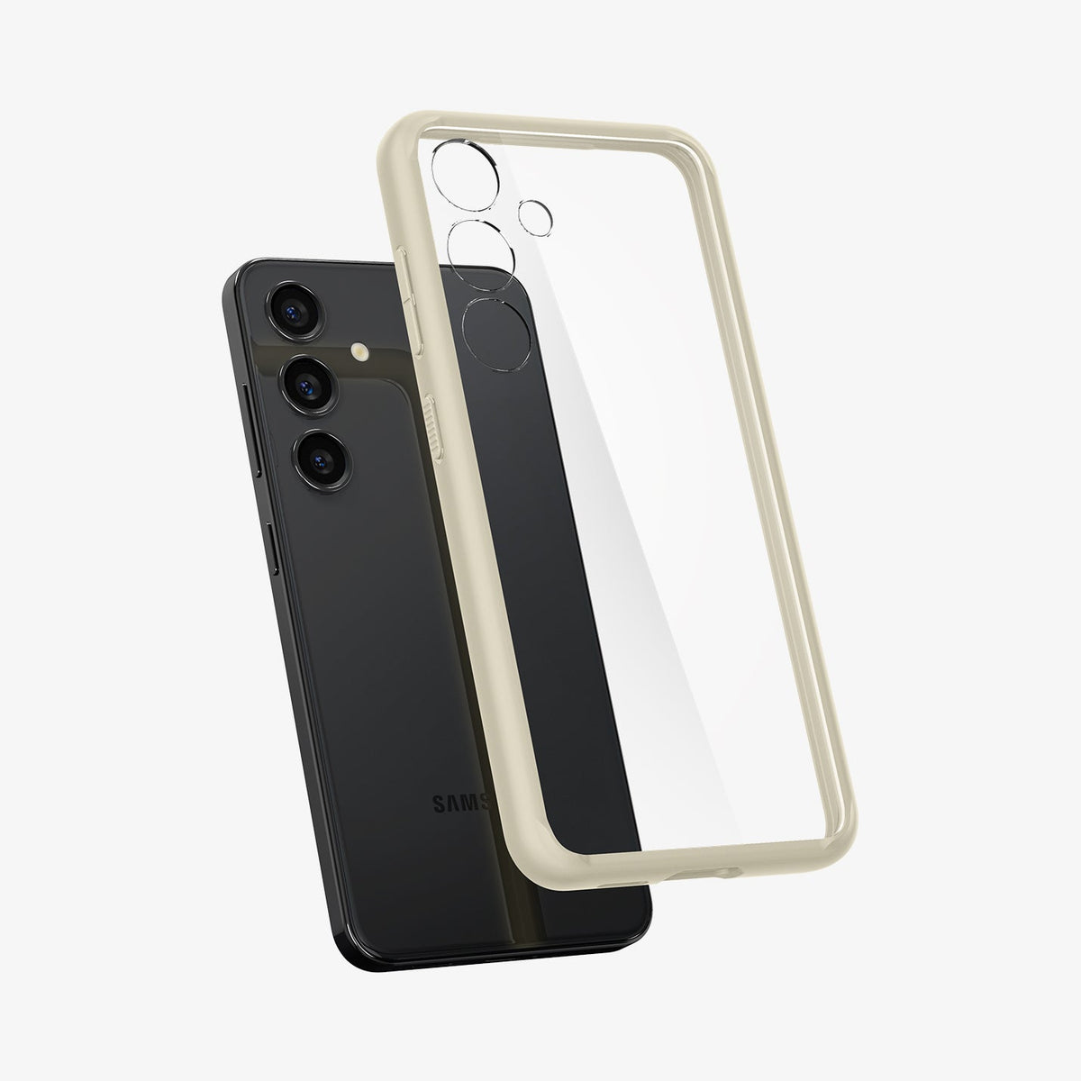 ACS07416 - Galaxy S24 Case Ultra Hybrid in Mute Beige showing the transparent back case with a lighter frame hovering above the device