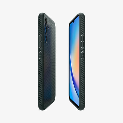 ACS06105 - Galaxy A34 5G Liquid Air in Abyss Green showing the partial sides, partial front and back of both devices aligned with each other
