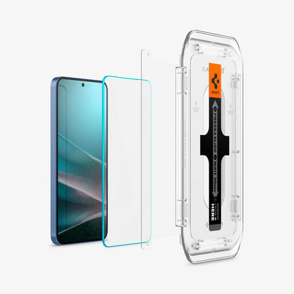AGL07438 - Galaxy S25 GLAS.tR EZ Fit in Clear showing the alignment tray hovering in front of the film strip, screen protector and the device