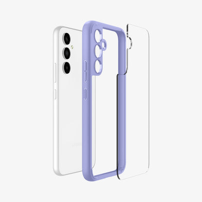 ACS06098 - Galaxy A54 5G Case Ultra Hybrid in Awesome Violet showing the back clear hard layer hovering in front of a light colored tpu frame and a device