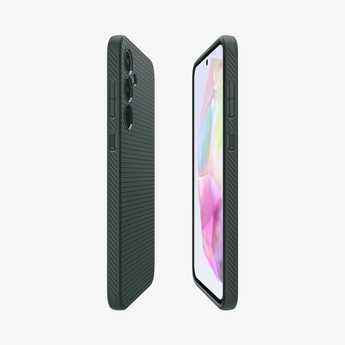 ACS07520 - Galaxy A35 5G Case Liquid Air in Abyss Green showing the partial back, front and sides of both devices facing each other