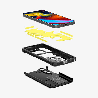 ACS07332 - Galaxy S24 Plus Case Tough Armor in Black showing the front of device hovering above the impact foam detached from frame and hard layer of the case