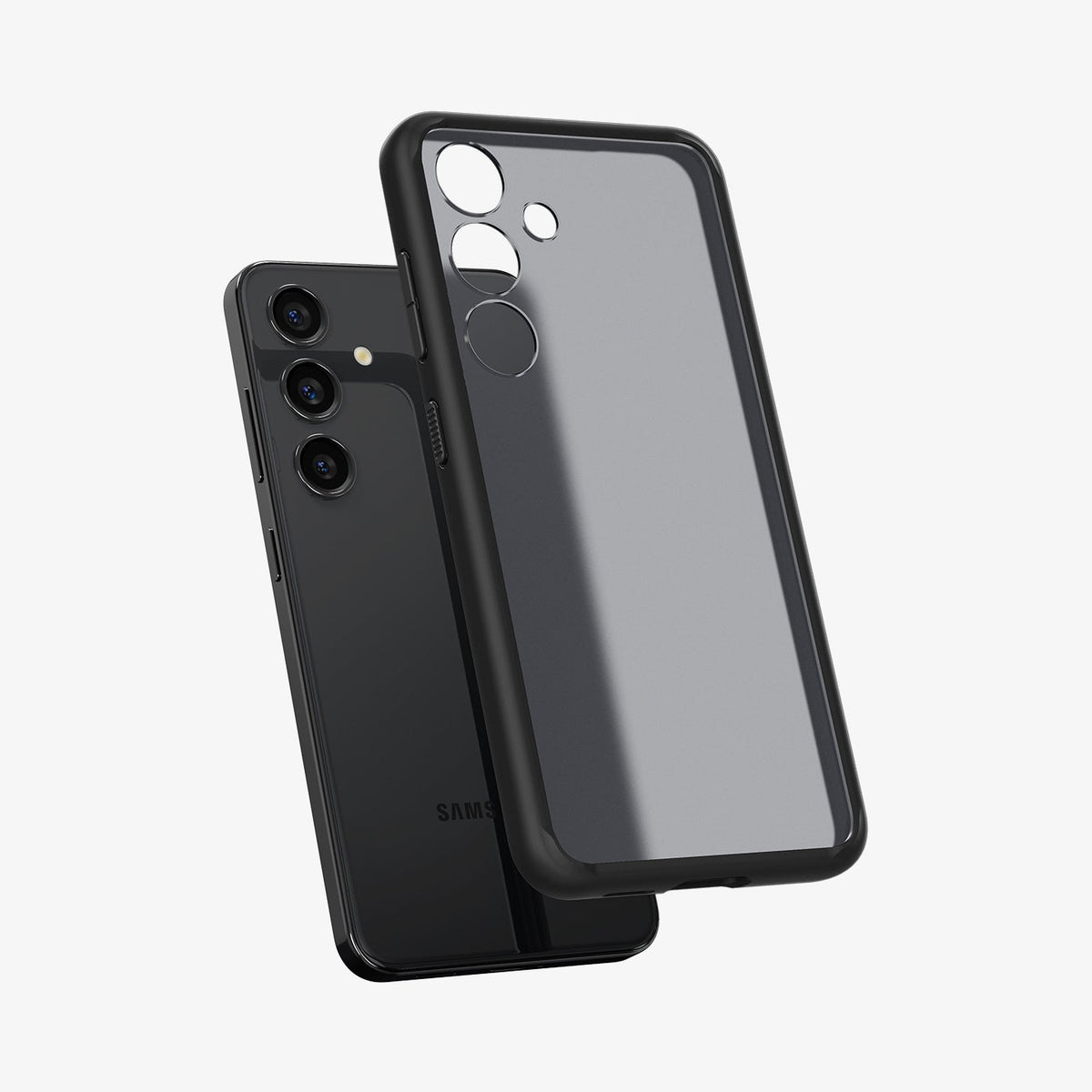 ACS07331 - Galaxy S24 Plus Case Ultra Hybrid in Frost Black showing the back of a semi transparent case with a darker frame hovering above the device