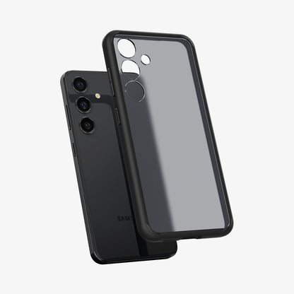 ACS07331 - Galaxy S24 Plus Case Ultra Hybrid in Frost Black showing the back of a semi transparent case with a darker frame hovering above the device