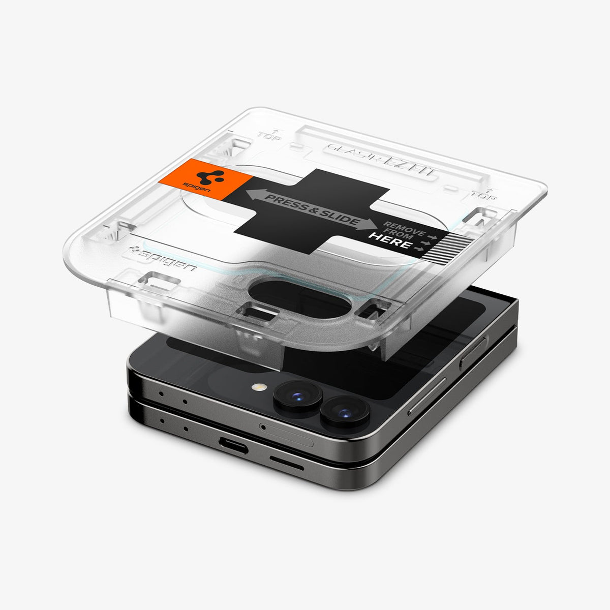 AGL07972 - Galaxy Z Flip 7 FE GLAS.tR EZ Fit showing the alignment tray hovering above the device