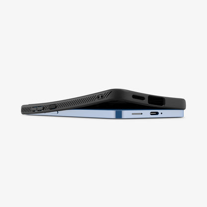 ACS08979 - Galaxy S25 Plus Case Liquid Air in Matte Black showing the side and bottom slightly lifted up from the device