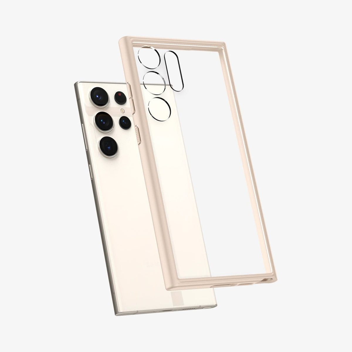 ACS06078 - Galaxy S23 Ultra Case Ultra Hybrid in sand beige showing the back with case hovering away from device