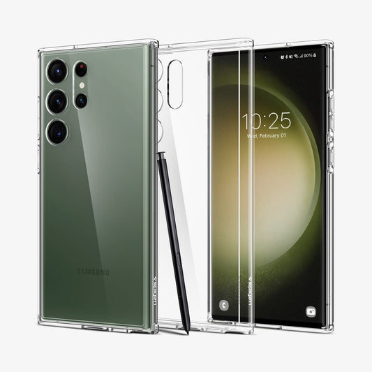 ACS05617 - Galaxy S23 Ultra Case Ultra Hybrid in crystal clear showing the back, inside and front with s pen leaning against device
