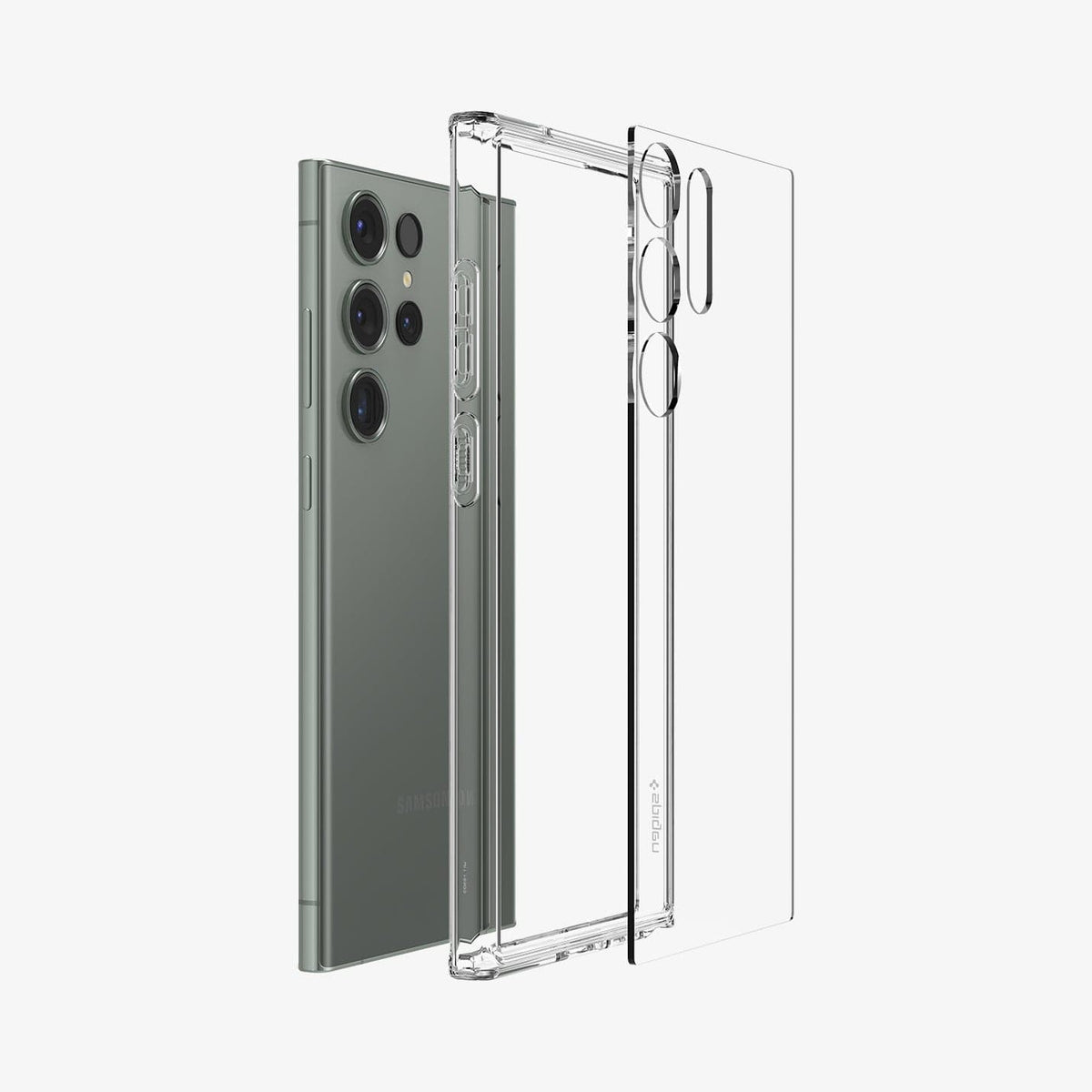ACS05617 - Galaxy S23 Ultra Case Ultra Hybrid in crystal clear showing the multiple layers of case hovering from back of device