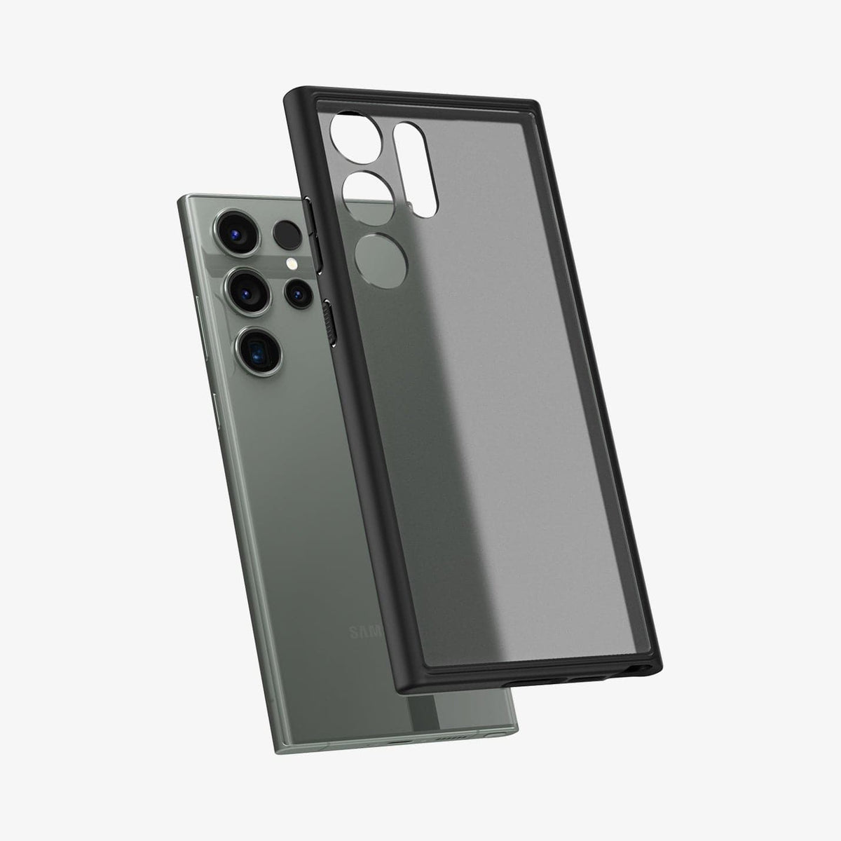 ACS05619 - Galaxy S23 Ultra Case Ultra Hybrid in frost black showing the back with case hovering away from device