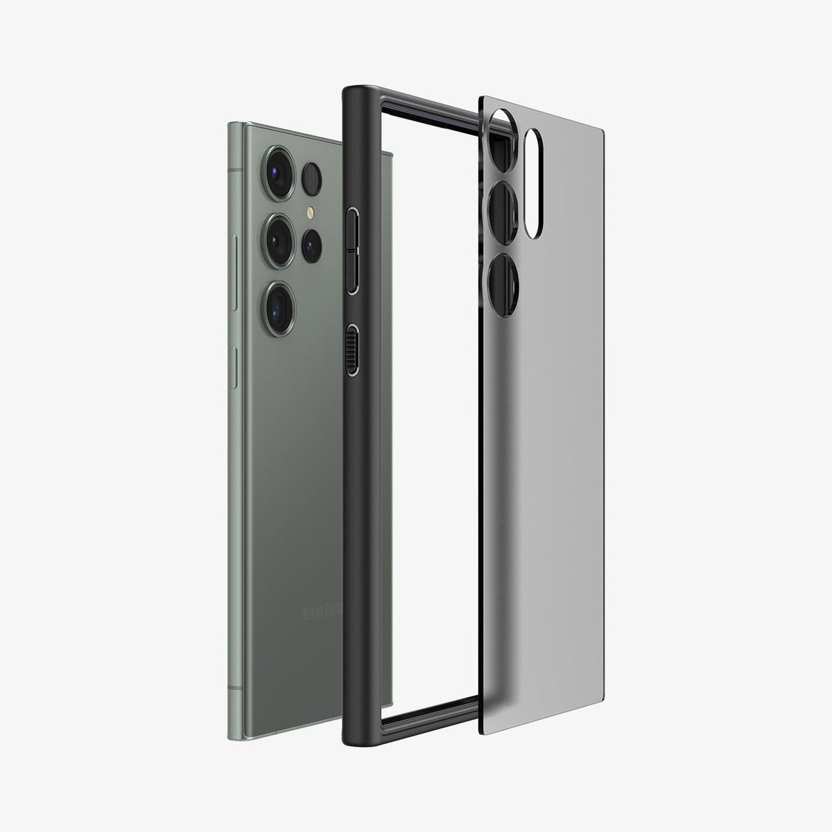 ACS05619 - Galaxy S23 Ultra Case Ultra Hybrid in frost black showing the multiple layers of case hovering behind device
