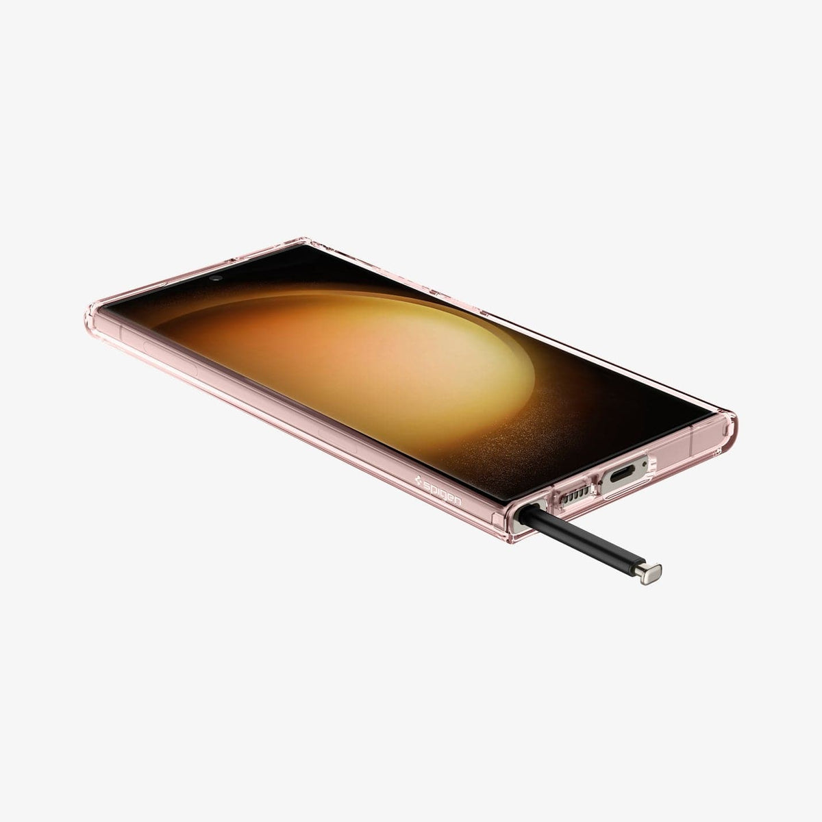 ACS06079 - Galaxy S23 Ultra Case Ultra Hybrid in rose crystal showing the front, side and bottom with s pen sticking out of slot
