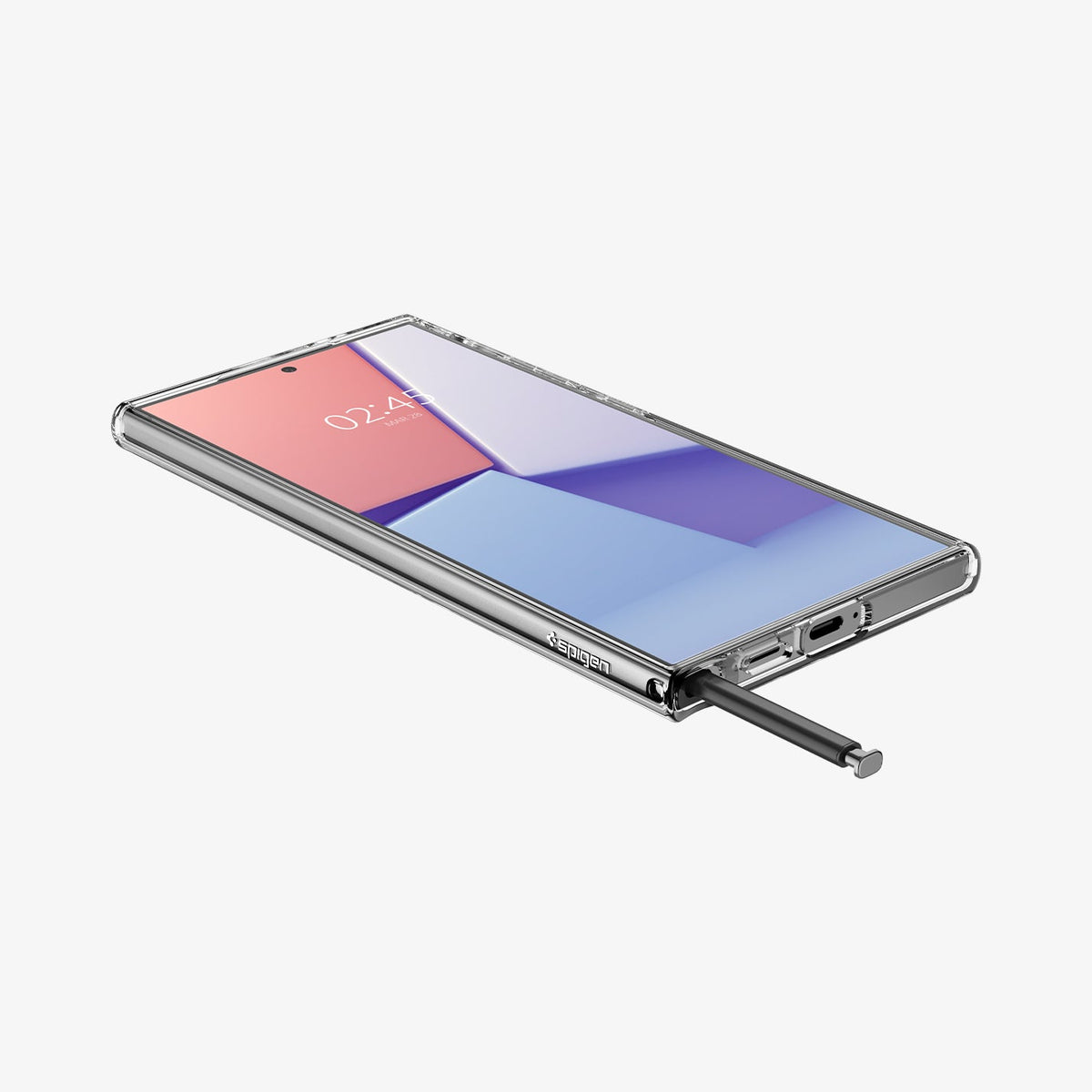ACS07283 - Galaxy S24 Ultra Case Liquid Crystal in Crystal Clear showing the front of device, on a flat surface with stylus pen sticking out