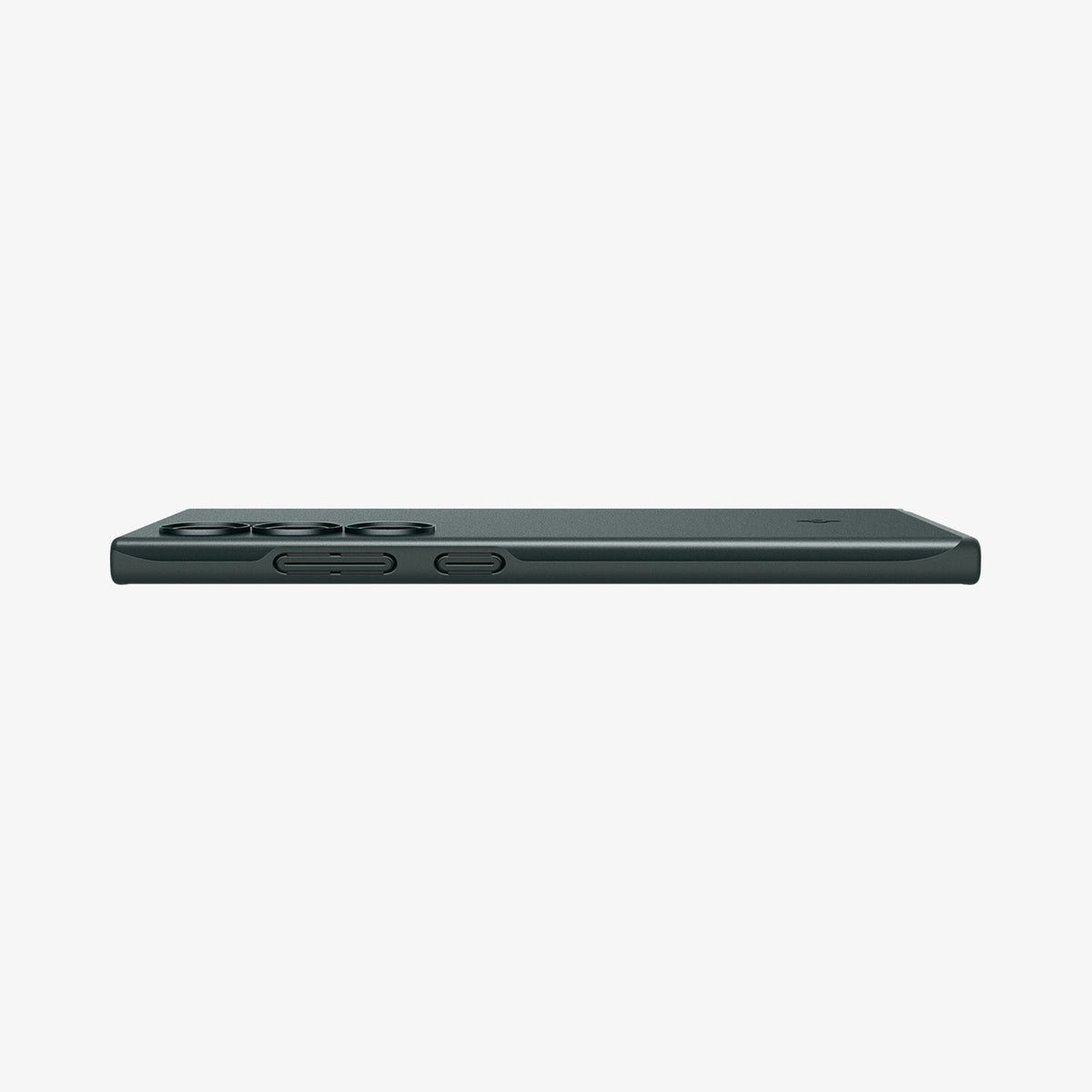 ACS07282 - Galaxy S24 Ultra Case Thin Fit in Abyss Green showing the side with side buttons and partial back on a flat surface
