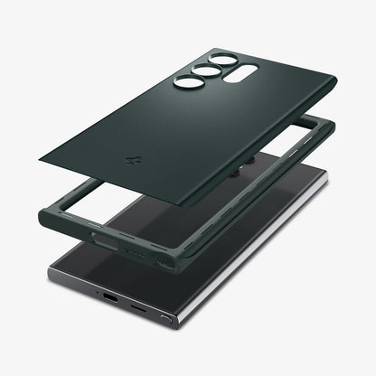 ACS07282 - Galaxy S24 Ultra Case Thin Fit in Abyss Green showing the back hard layer hovering above the detached frame and the device