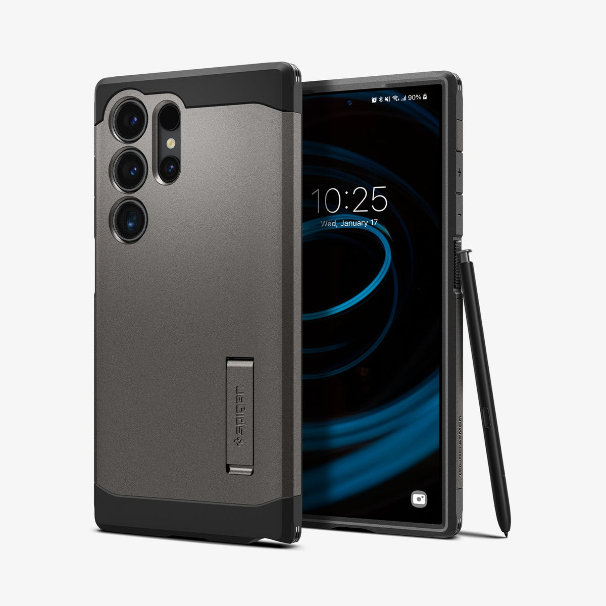 ACS07301 - Galaxy S24 Ultra Case Tough Armor in Gunmetal showing the back and next to it, a device facing front with stylus pen leaning on the side