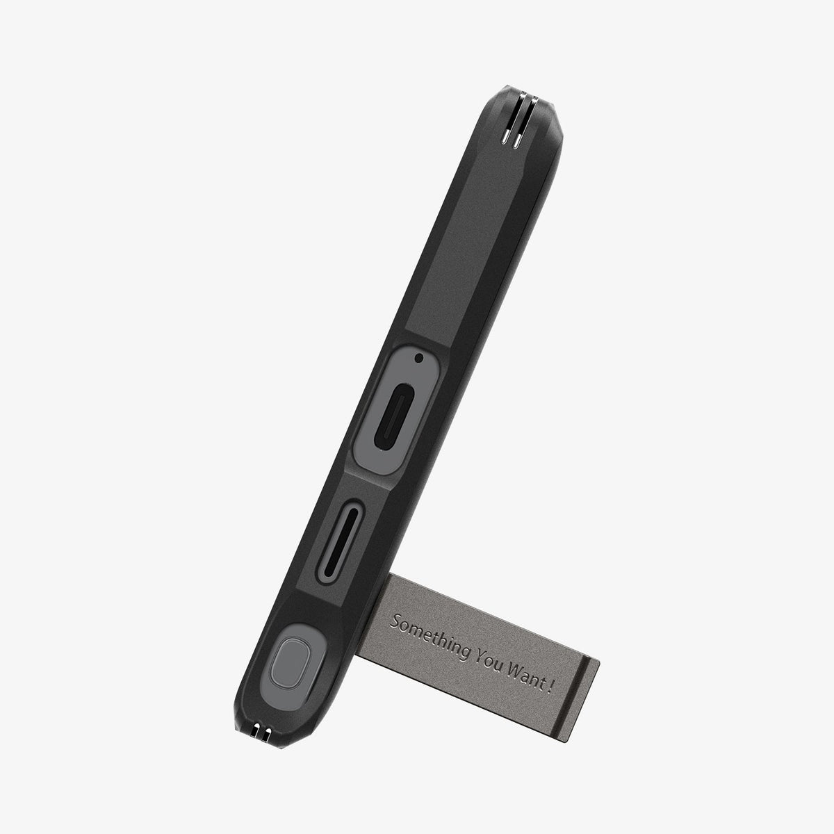 ACS07301 - Galaxy S24 Ultra Case Tough Armor in Gunmetal showing the bottom with a built-in kickstand propped up