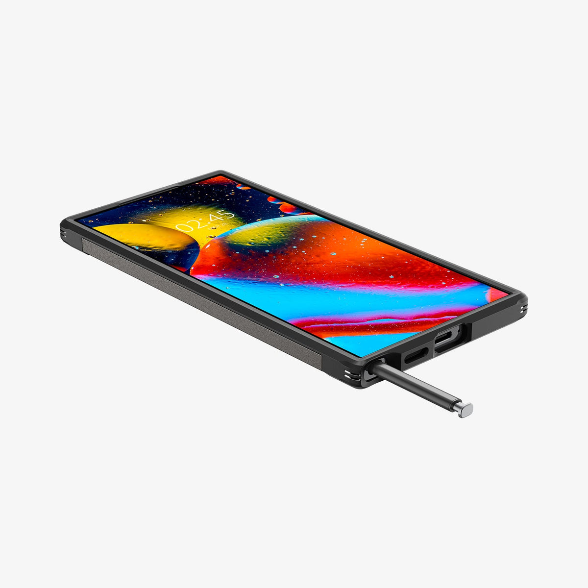 ACS07301 - Galaxy S24 Ultra Case Tough Armor in Gunmetal showing the front of device, on a flat surface with stylus pen sticking out