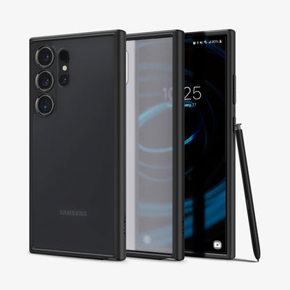 ACS07296 - Galaxy S24 Ultra Case Ultra Hybrid in Frost Black showing the back paralleled to a semi clear back with a darker frame case in the middle and a device facing front with stylus pen leaning on the side of a device
