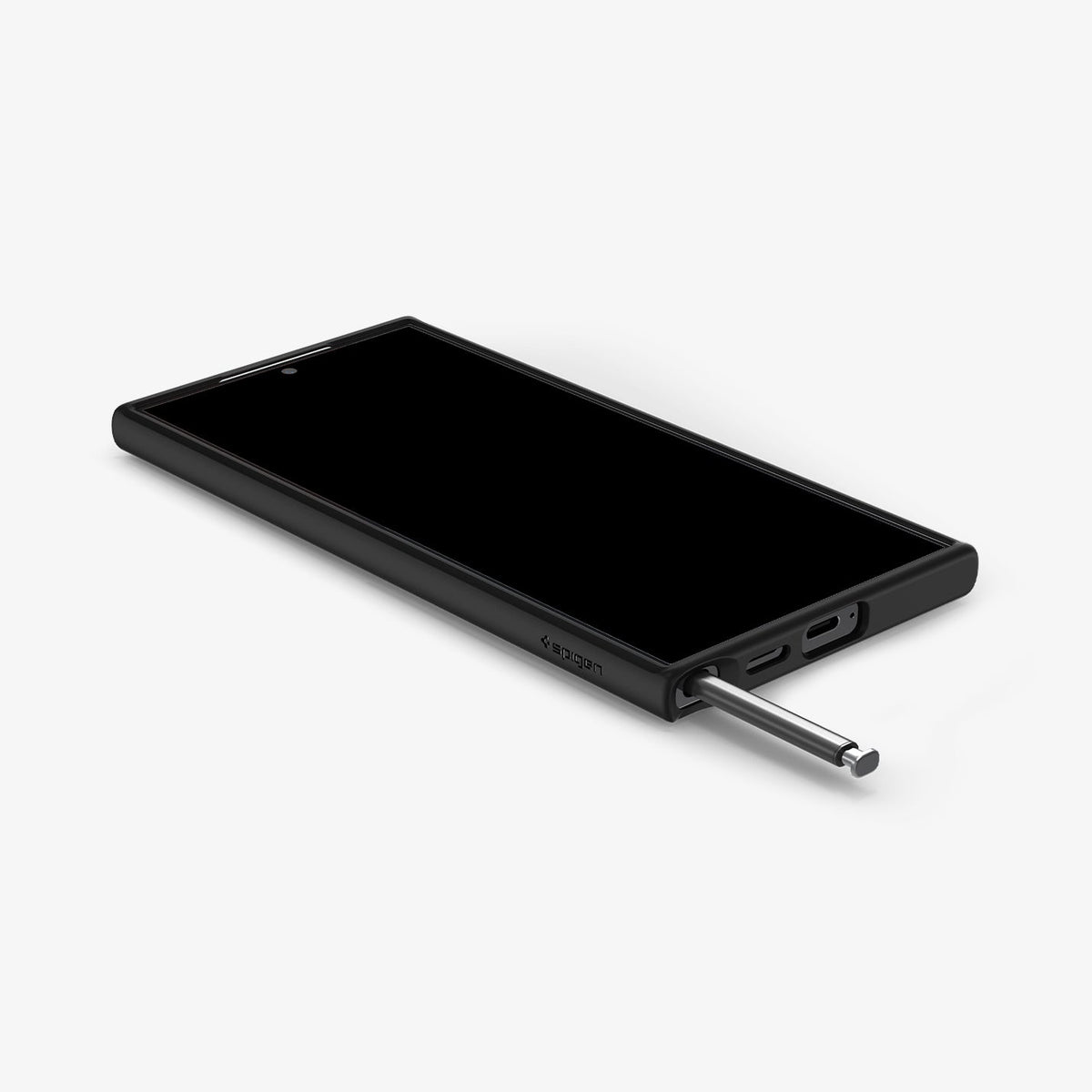 ACS07296 - Galaxy S24 Ultra Case Ultra Hybrid in Frost Black showing the front of device, on a flat surface with stylus pen sticking out