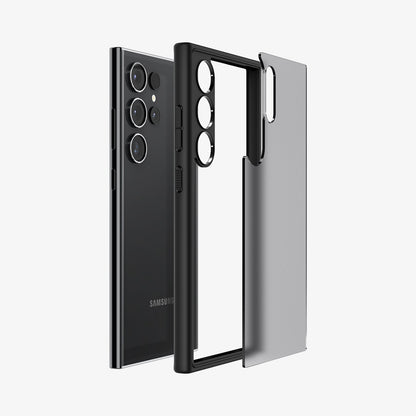 ACS07296 - Galaxy S24 Ultra Case Ultra Hybrid in Frost Black showing the semi transparent back of the case detached from the darker frame paralleled with the device