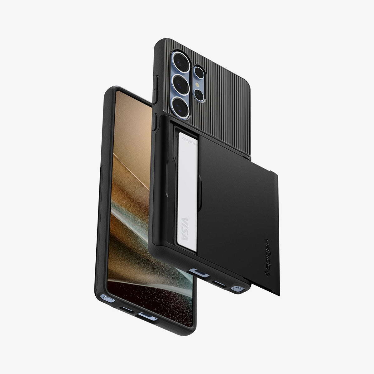 ACS08967 - Galaxy S25 Ultra Case Slim Armor CS in Black showing the back with card slider open, hovering in front of the another device showing partial front and bottom