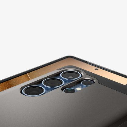 ACS08965 - Galaxy S25 Ultra Case Tough Armor AI (MagFit) in Gunmetal showing the partial back, partial front with camera lens zoomed in