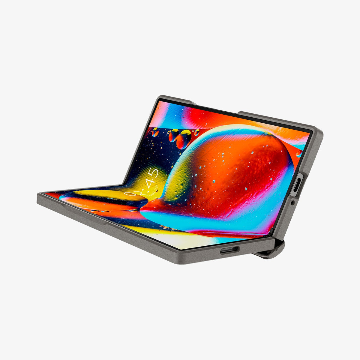 ACS07821 - Galaxy Z Fold 6 Case Slim Armor Pro in Gunmetal showing the front, partial side and bottom, partially folded