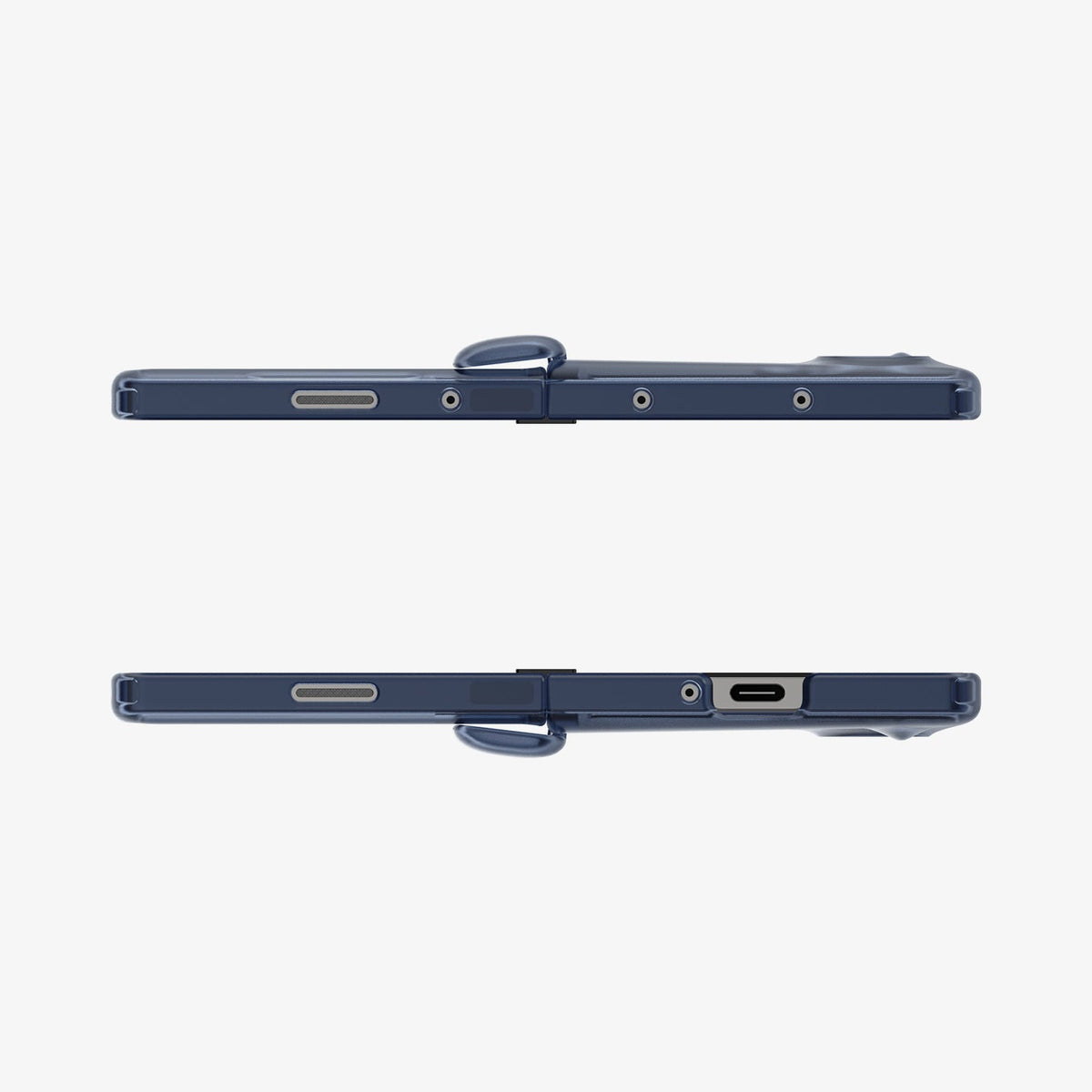 ACS08281 - Galaxy Z Flip 6 Case Ultra Hybrid Pro in Frost Navy Blue showing the top and bottom of 2 devices fully open facing each other