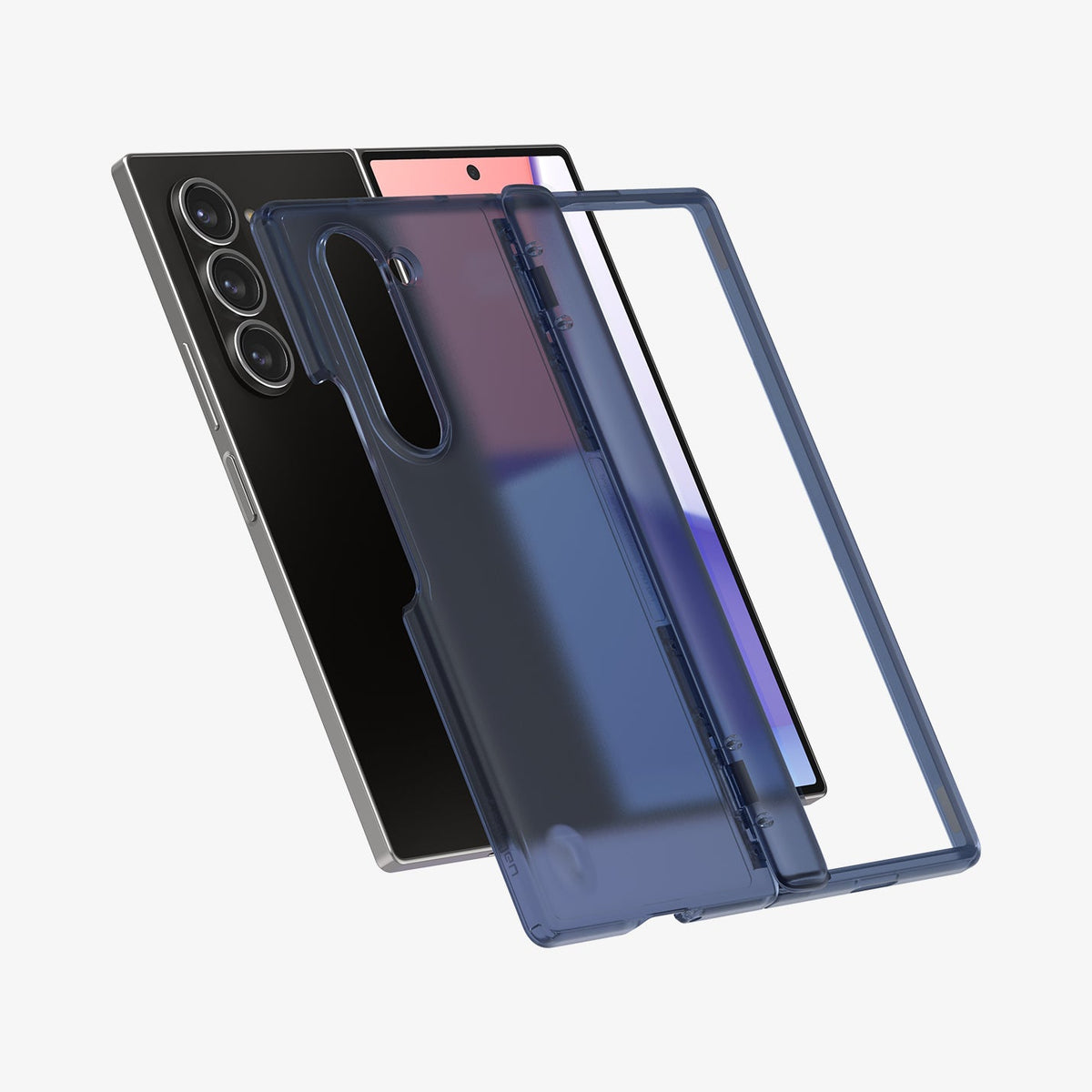 ACS08281 - Galaxy Z Flip 6 Case Ultra Hybrid Pro in Frost Navy Blue showing the back, hinge and front of a transparent case hovering in front of the device