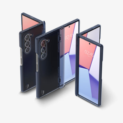 ACS08281 - Galaxy Z Flip 6 Case Ultra Hybrid Pro in Frost Navy Blue showing the front, partial front, back, partial back and hinge of 3 devices aligned with each other