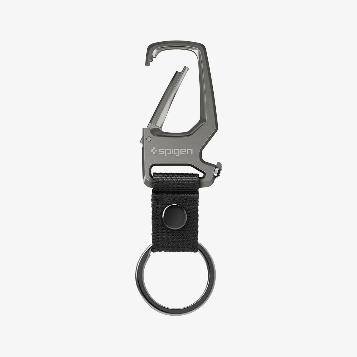 AHP04505 - Carabiner + Keyring in gunmetal showing the front with carabiner open