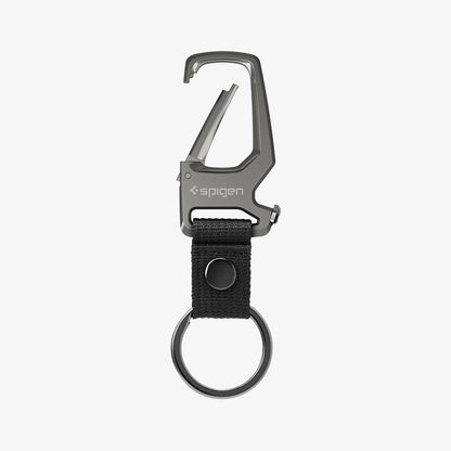 AHP04505 - Carabiner + Keyring in gunmetal showing the front with carabiner open