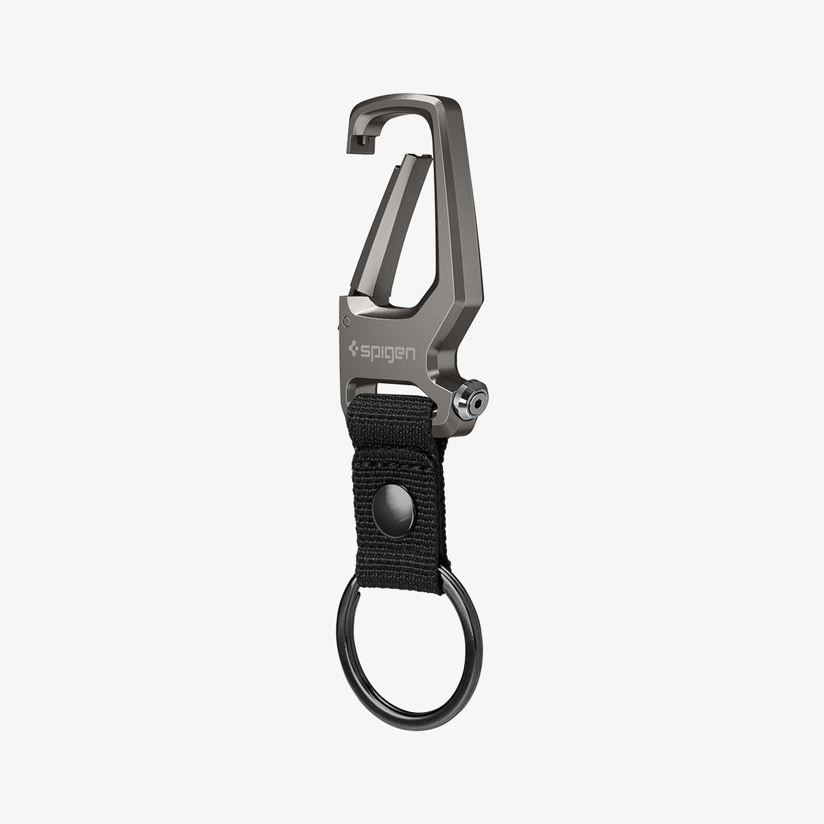 AHP01869 - Carabiner + Keyring in gunmetal showing the front and side with carabiner slightly open