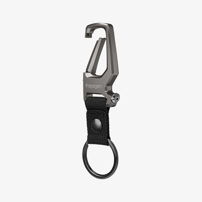 AHP01869 - Carabiner + Keyring in gunmetal showing the front and side with carabiner slightly open
