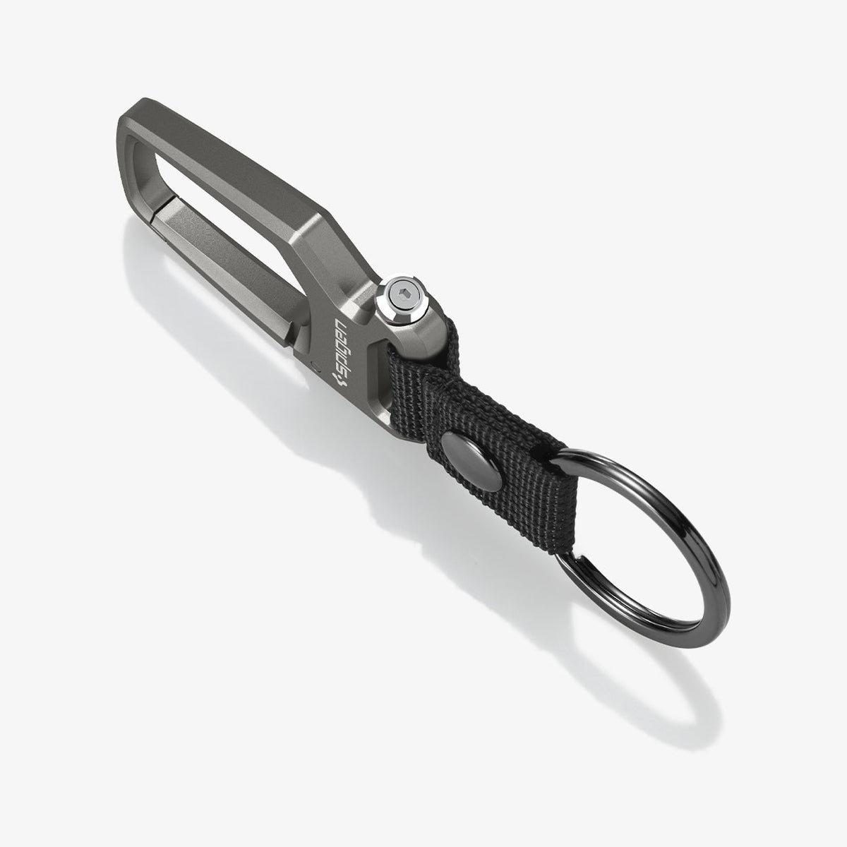 AHP01869 - Carabiner + Keyring in gunmetal showing the side and partial front