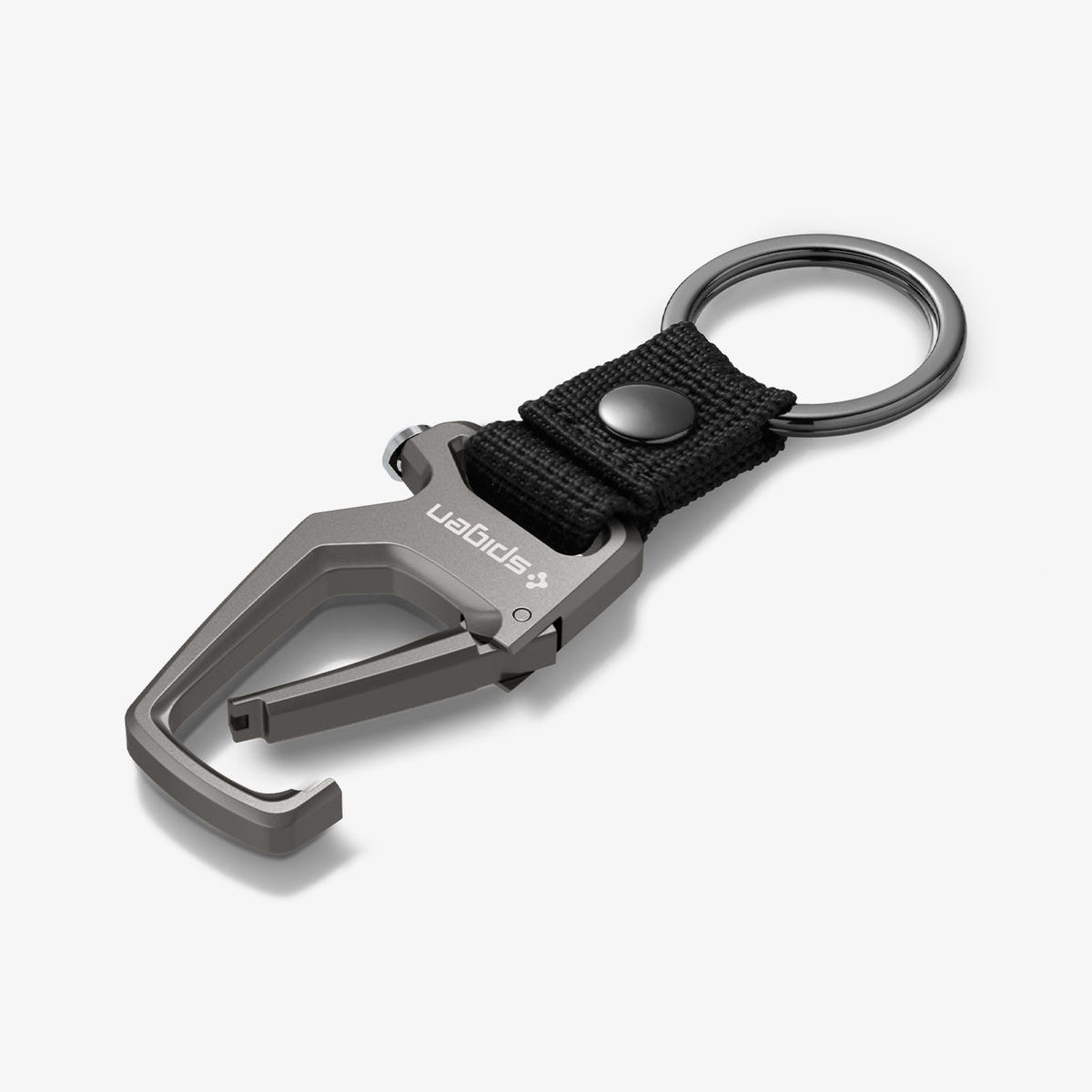 AHP04505 - Carabiner + Keyring in gunmetal showing the back with carabiner slightly open