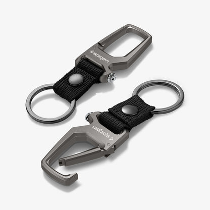 AHP04505 - Carabiner + Keyring in gunmetal showing the back, front and sides