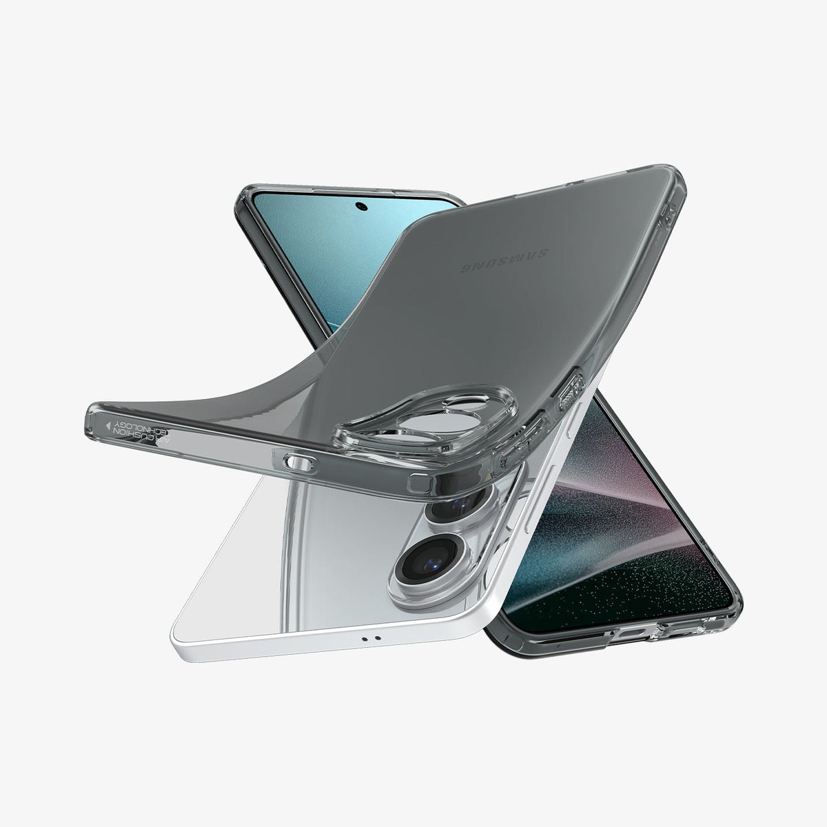 ACS09426 - Galaxy S25 Edge Case Liquid Crystal in Space Crystal showing the back, partial front top and sides top part partially lifted from the device and another device showing partial front