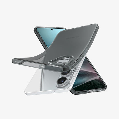 ACS09426 - Galaxy S25 Edge Case Liquid Crystal in Space Crystal showing the back, partial front top and sides top part partially lifted from the device and another device showing partial front