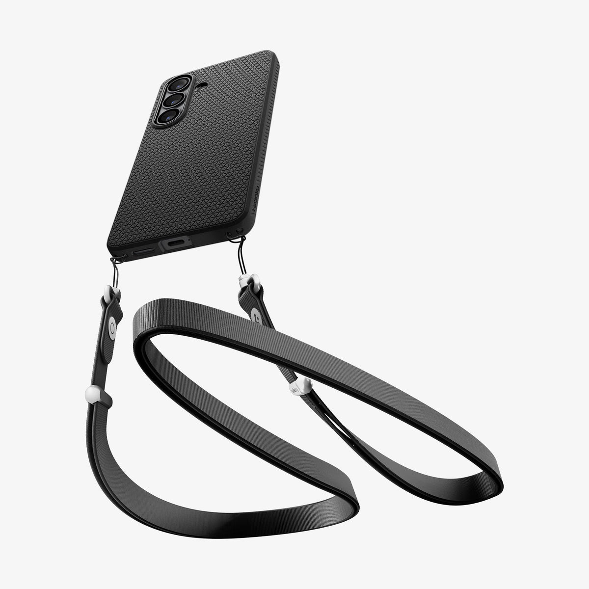 ACS11054 - Galaxy S26 Liquid Air in Matte Black showing the back with lanyard