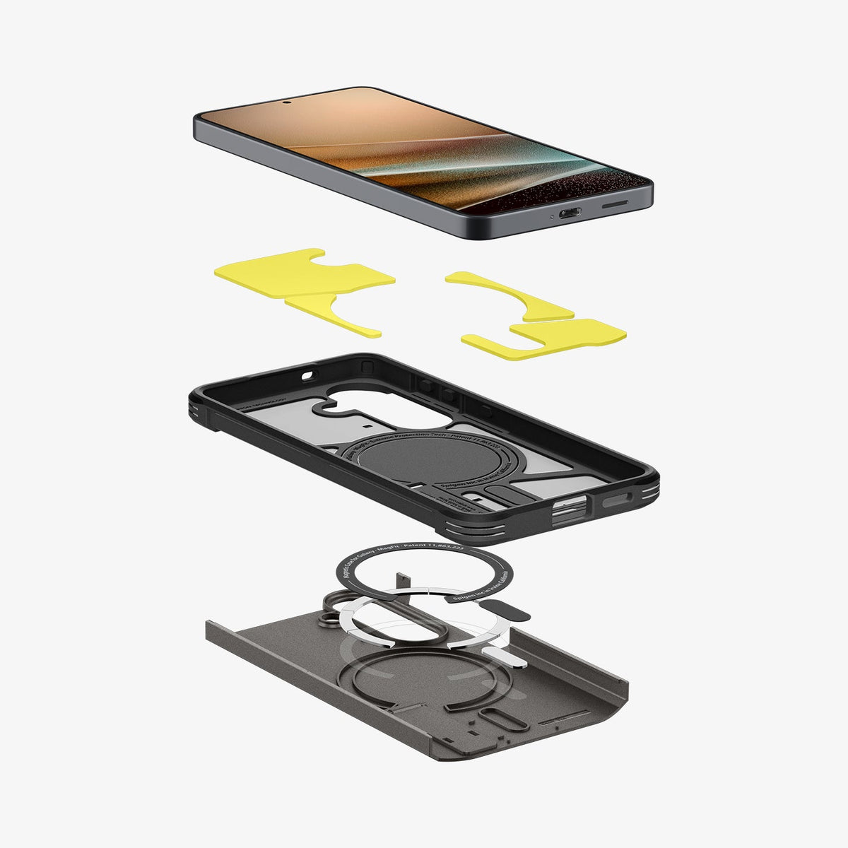 ACS11052 - Galaxy S26 Plus Case Tough Armor (Mag Fit) Gunmetal showing 3D view of case and phone, showing the impact foam technology in the case and magfit