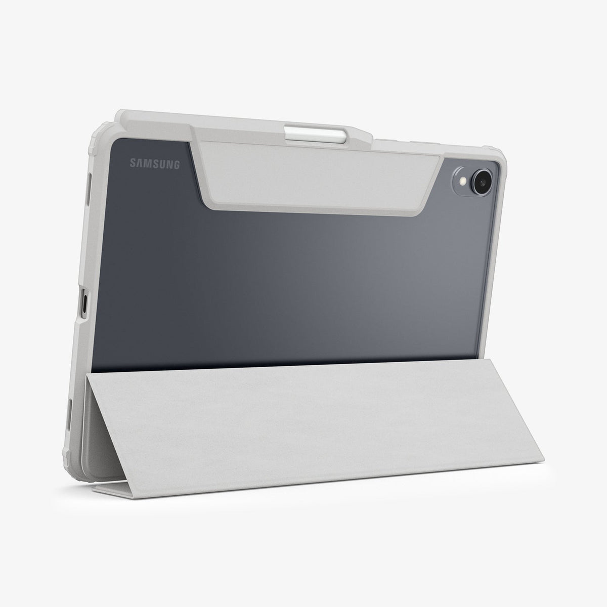 ACS10217 - Galaxy Tab S11 Case Air Skin Pro in Gray showing the back, partial bottom with cover folded into a kickstand