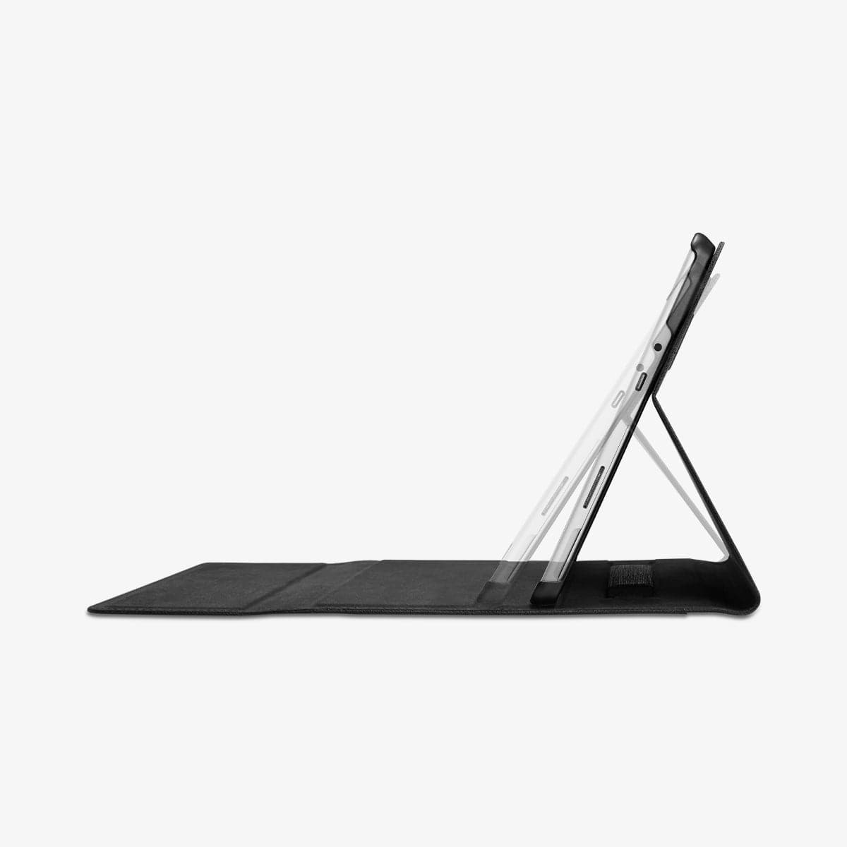 J06CS25185 - Surface Go 3 Case Stand Folio in charcoal gray showing the side with device propped up by built in stand