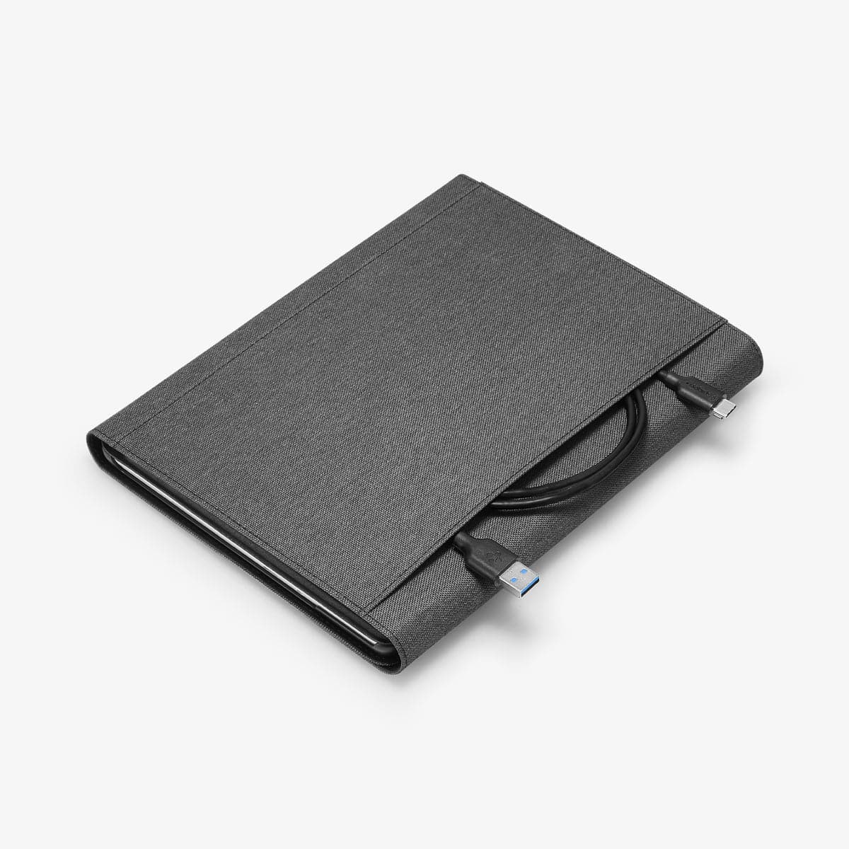 J06CS25185 - Surface Go 3 Case Stand Folio in charcoal gray showing the back with charging cable sticking out of storage slot
