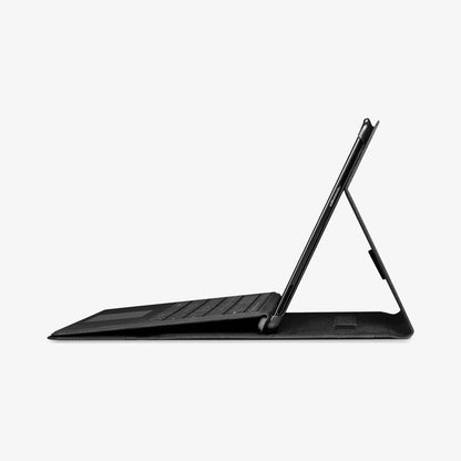 ACS01002 - Microsoft Surface Pro X Case Stand Folio in black showing the side with device propped up by built in stand