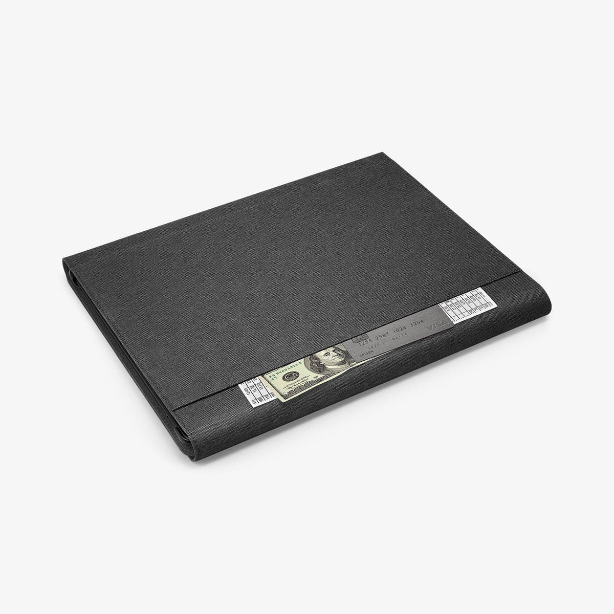 ACS01003 - Microsoft Surface Pro X Case Stand Folio in charcoal showing the back with case and card sticking out of storage slot