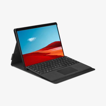 ACS01003 - Microsoft Surface Pro X Case Stand Folio in charcoal showing the front with device propped up by built in stand