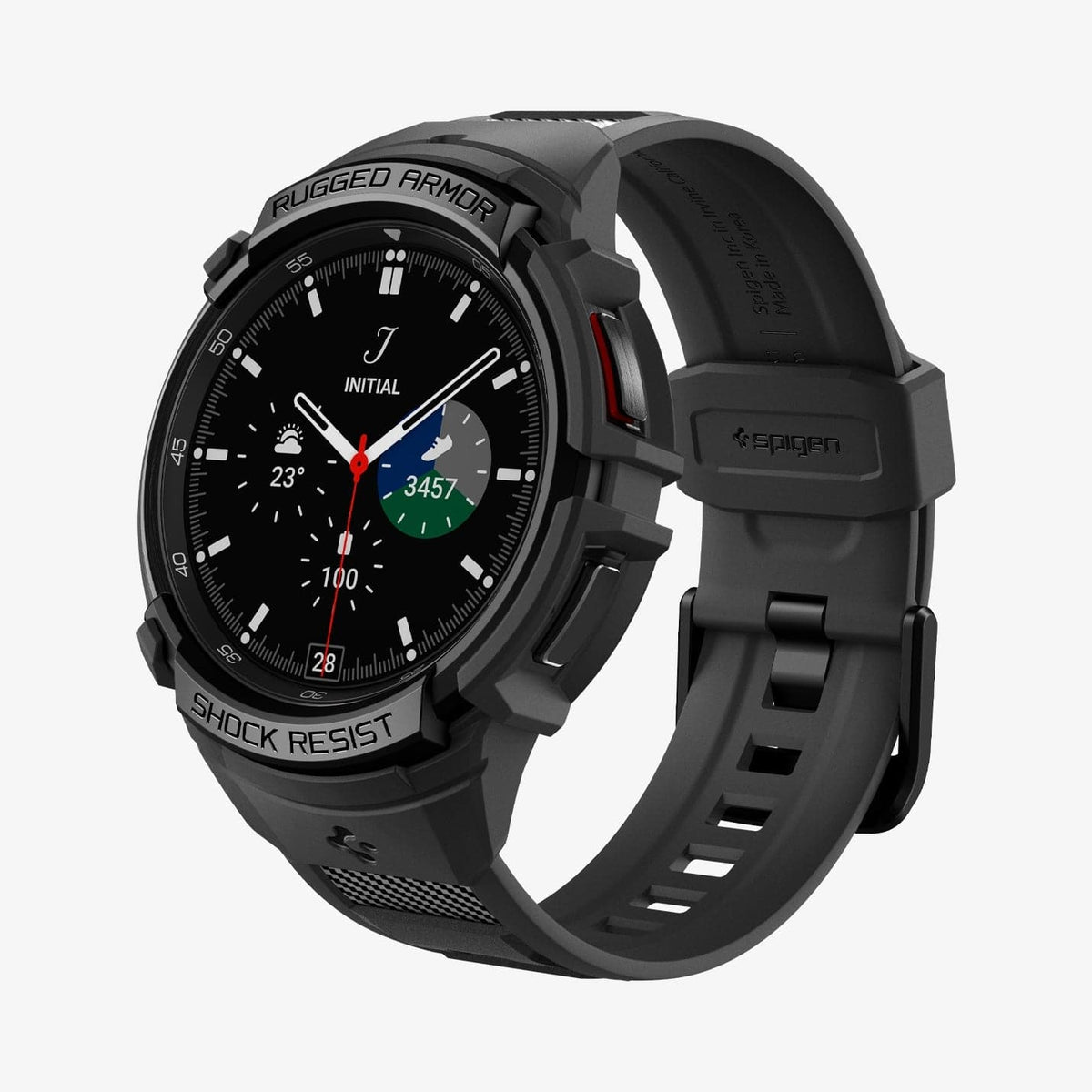 ACS06492 - Watch 6 Classic (43mm) Rugged Armor Pro in Black showing the front and partial side and inner side of the band